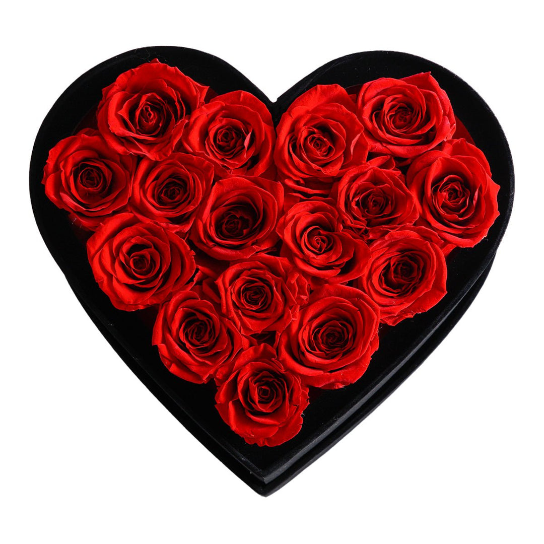 16 Red Roses - Black Heart Box - Rose Forever