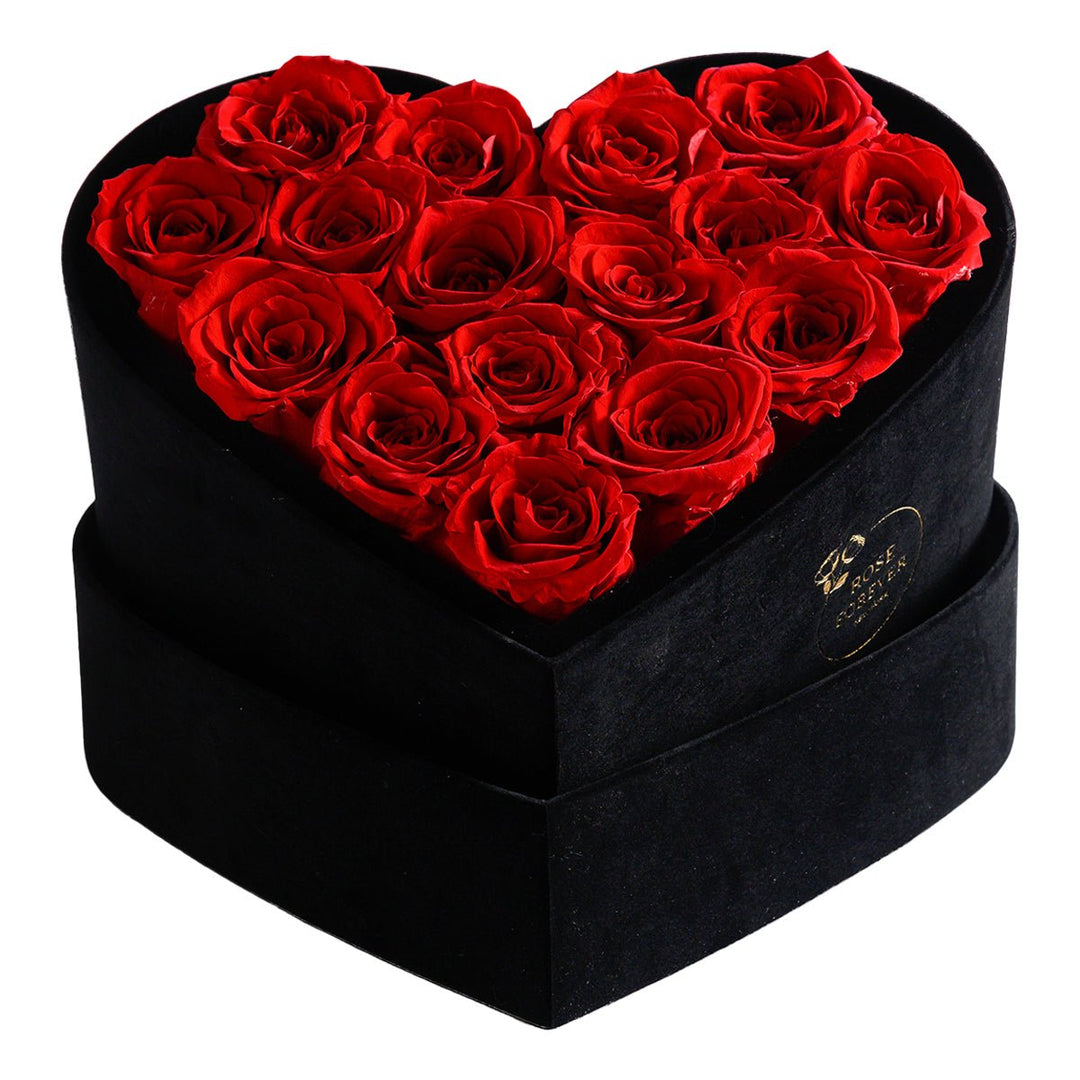16 Red Roses - Black Heart Box - Rose Forever