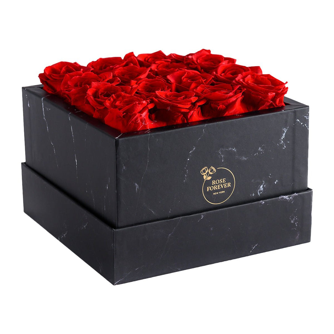 16 Red Roses - Black Marble Square Box - Rose Forever