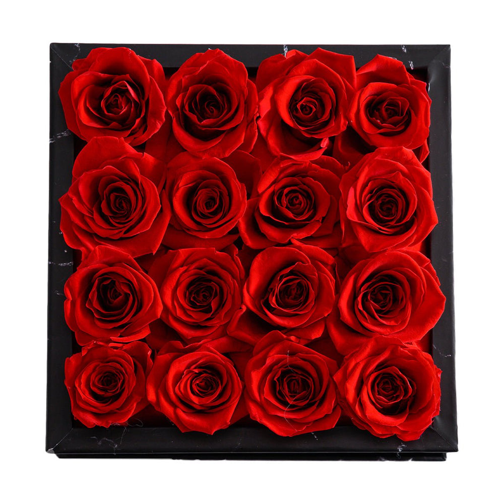 16 Red Roses - Black Marble Square Box - Rose Forever