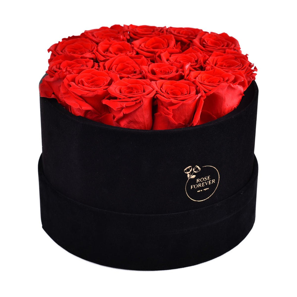 16 Red Roses - Black Round Velvet Box - Rose Forever