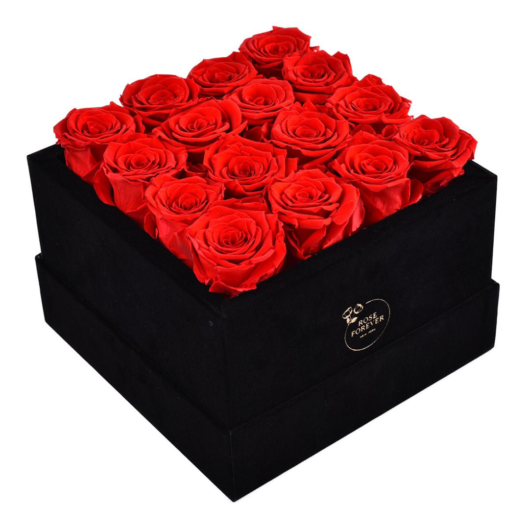 16 Red Roses - Black Square Velvet Box - Rose Forever