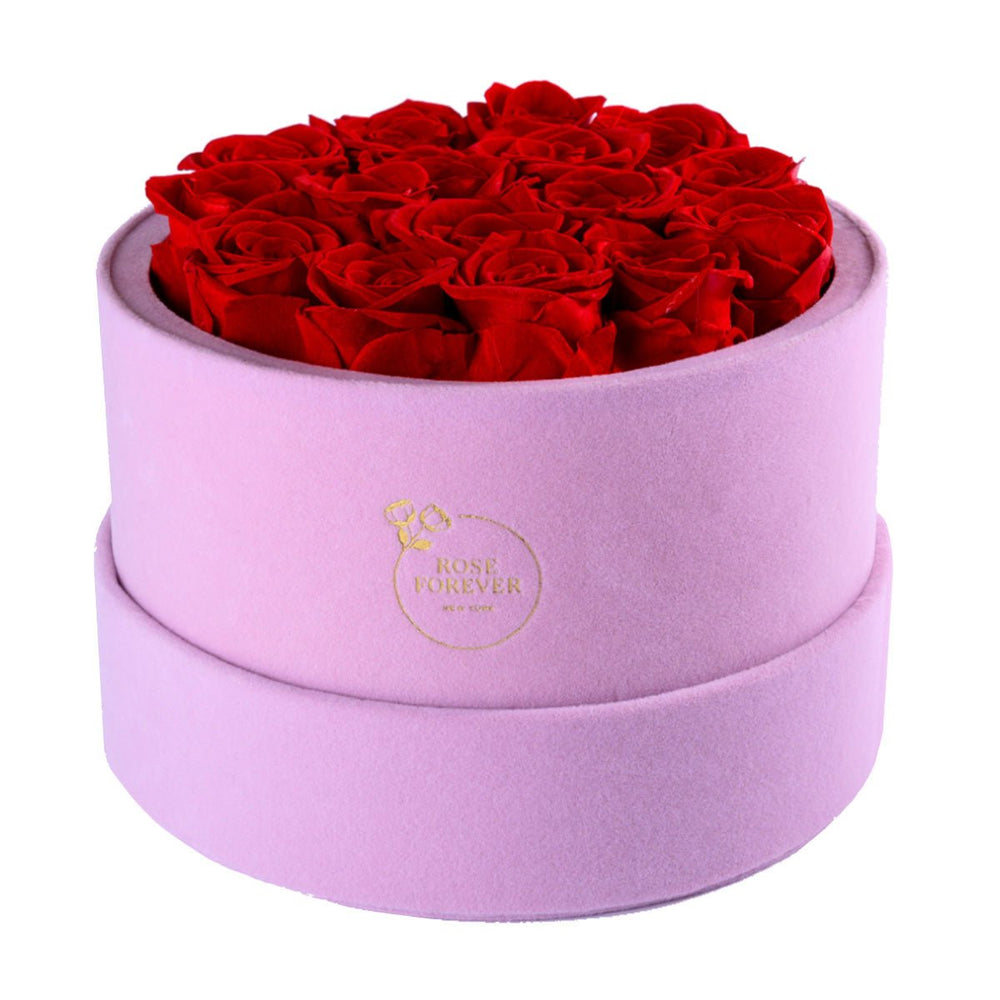 16 Red Roses - Pink Round Suede Box - Rose Forever