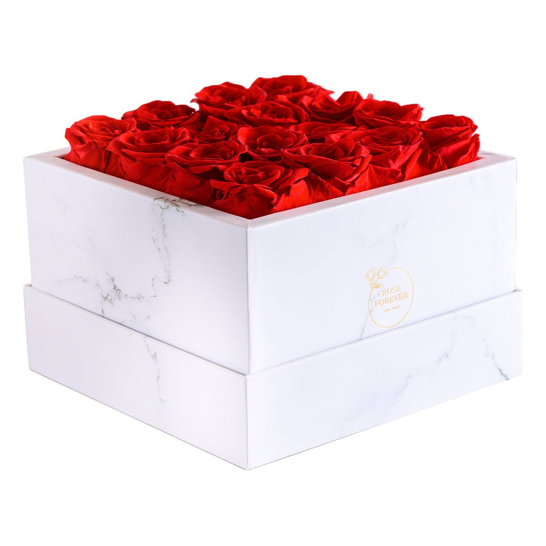 16 Red Roses - White Square Marble Box - Rose Forever