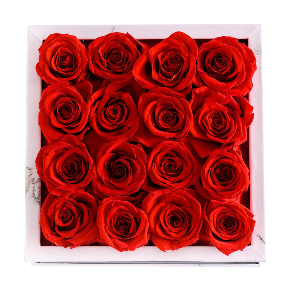 16 Red Roses - White Square Marble Box - Rose Forever