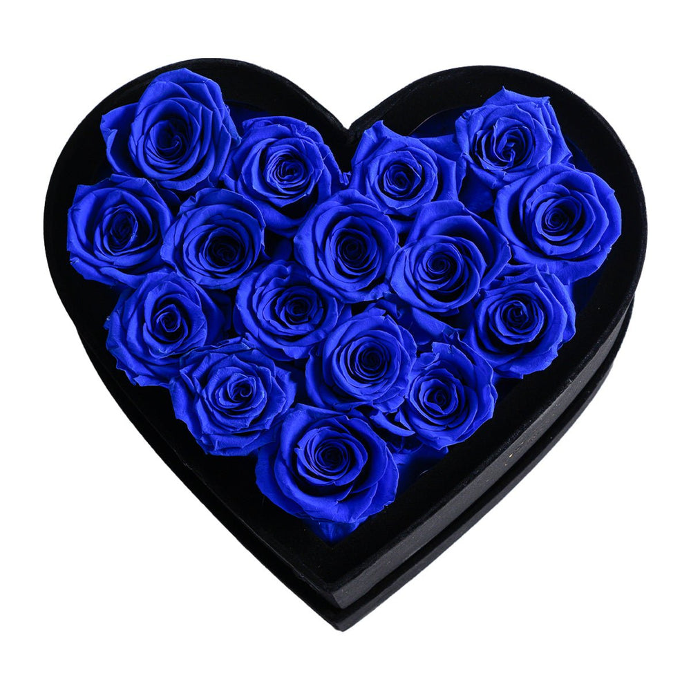 16 Royal Blue Roses - Black Heart - Shaped Box - Rose Forever