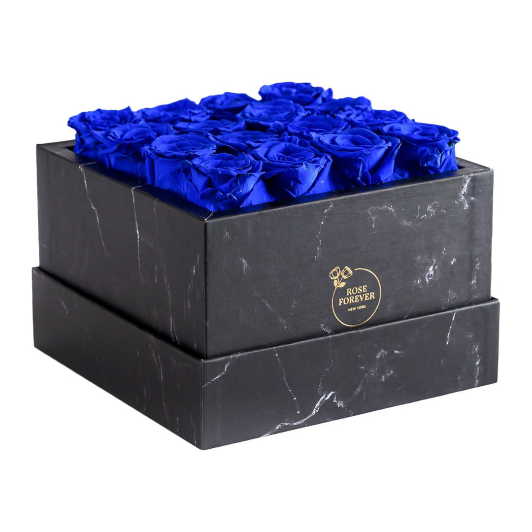 16 Royal Blue Roses - Black Marble Square Box - Rose Forever