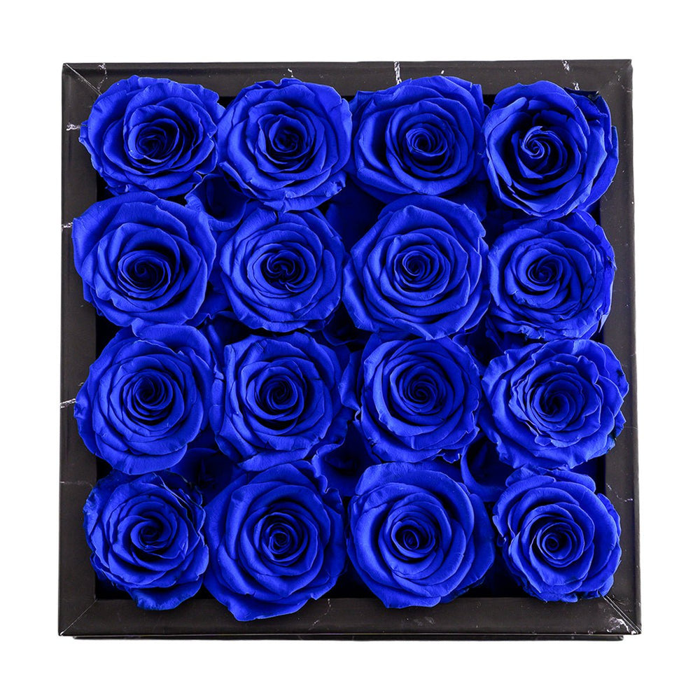 16 Royal Blue Roses - Black Marble Square Box - Rose Forever