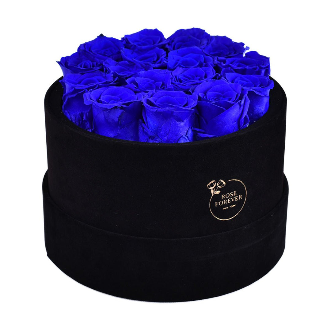 16 Royal Blue Roses - Black Round Velvet Box - Rose Forever
