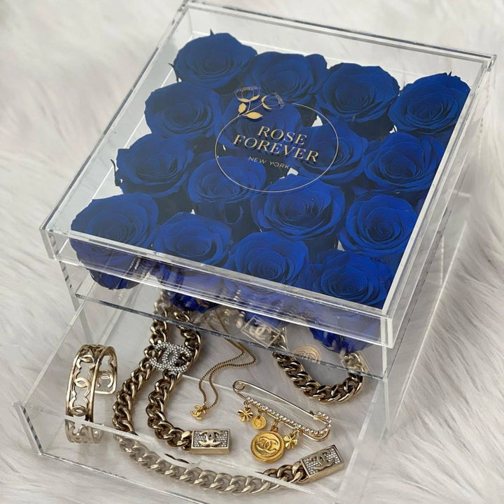16 Royal Blue Roses - Crystal Box - Rose Forever