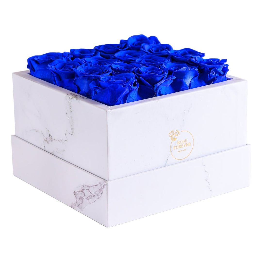 16 Royal Blue Roses - White Square Marble Box - Rose Forever