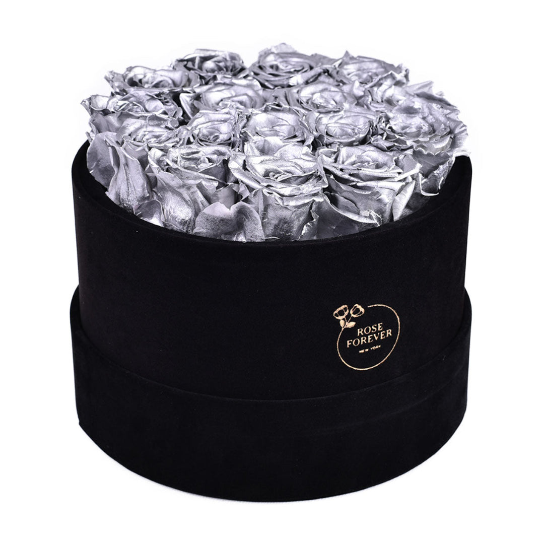 16 Silver Roses - Round Velvet Box - Rose Forever