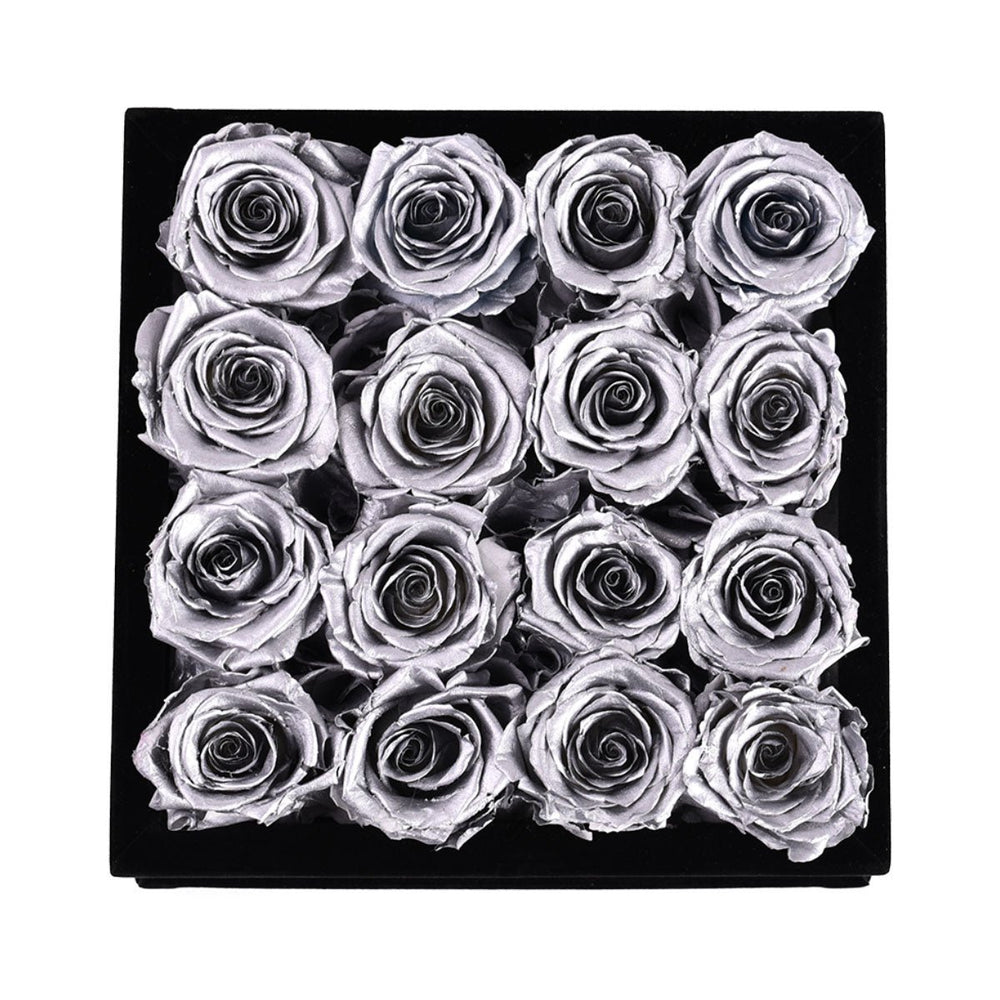 16 Silver Roses - Square Velvet Box - Rose Forever