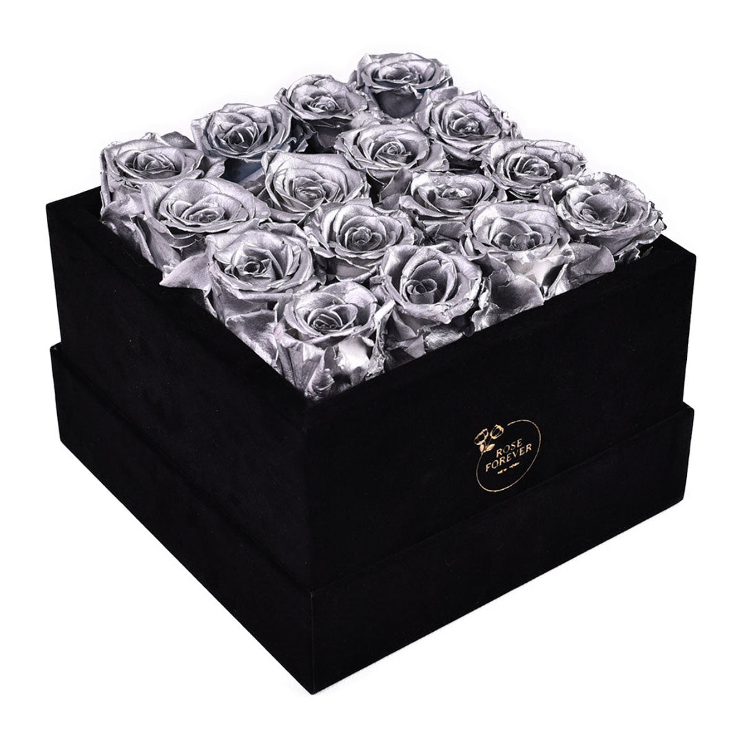 16 Silver Roses - Square Velvet Box - Rose Forever