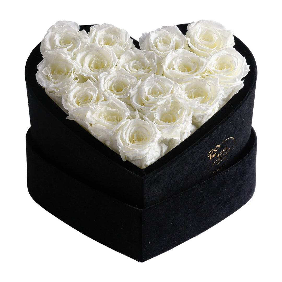 16 White Roses - Black Heart Box - Rose Forever
