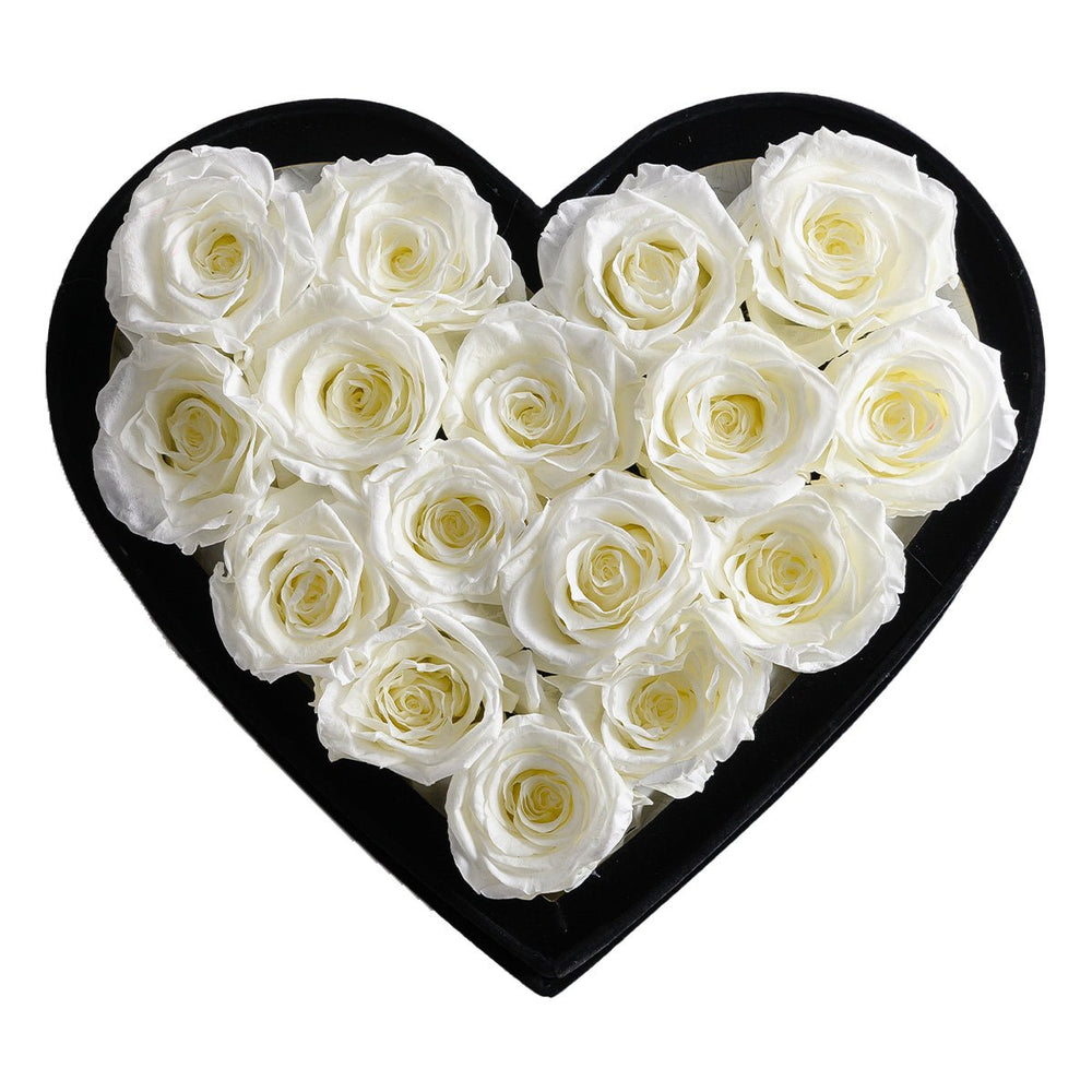 16 White Roses - Black Heart Box - Rose Forever