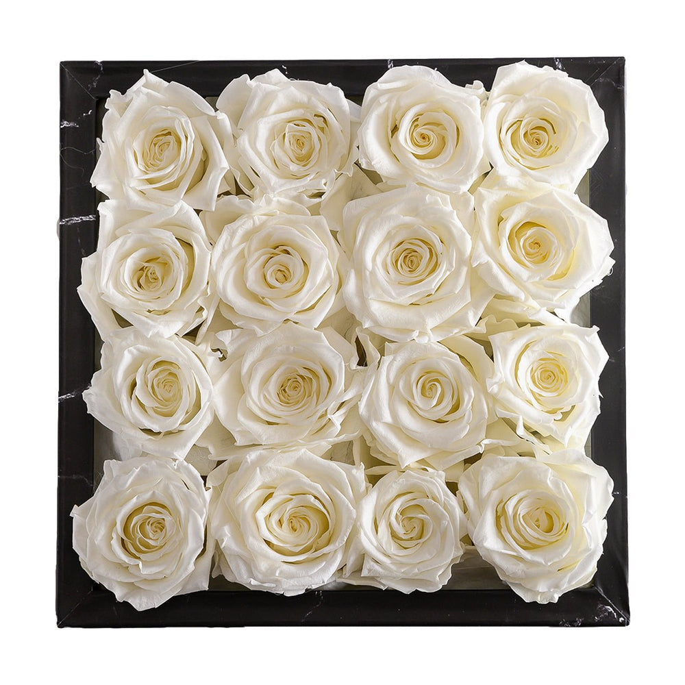 16 White Roses - Black Marble Square Box - Rose Forever
