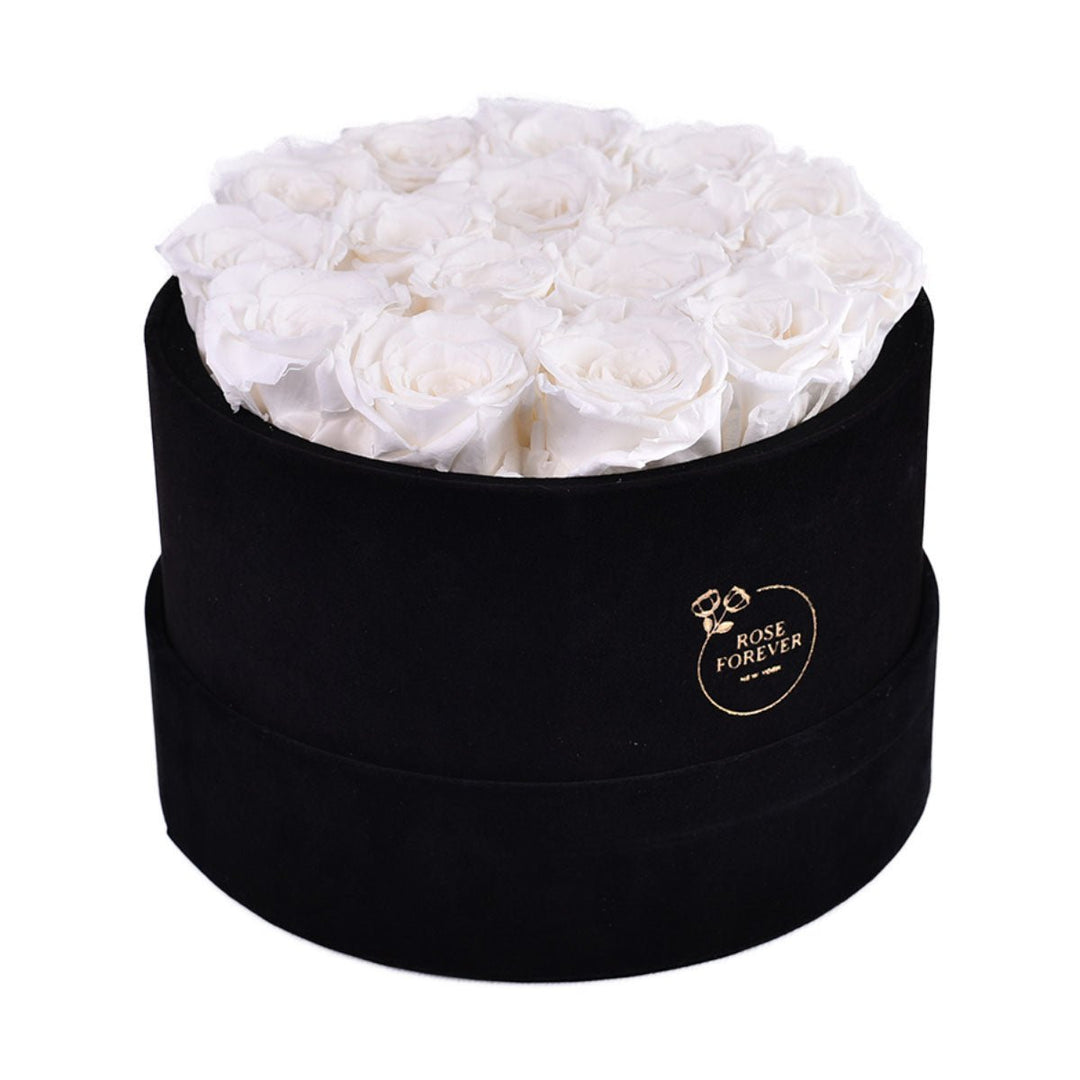 16 White Roses - Round Velvet Box - Rose Forever