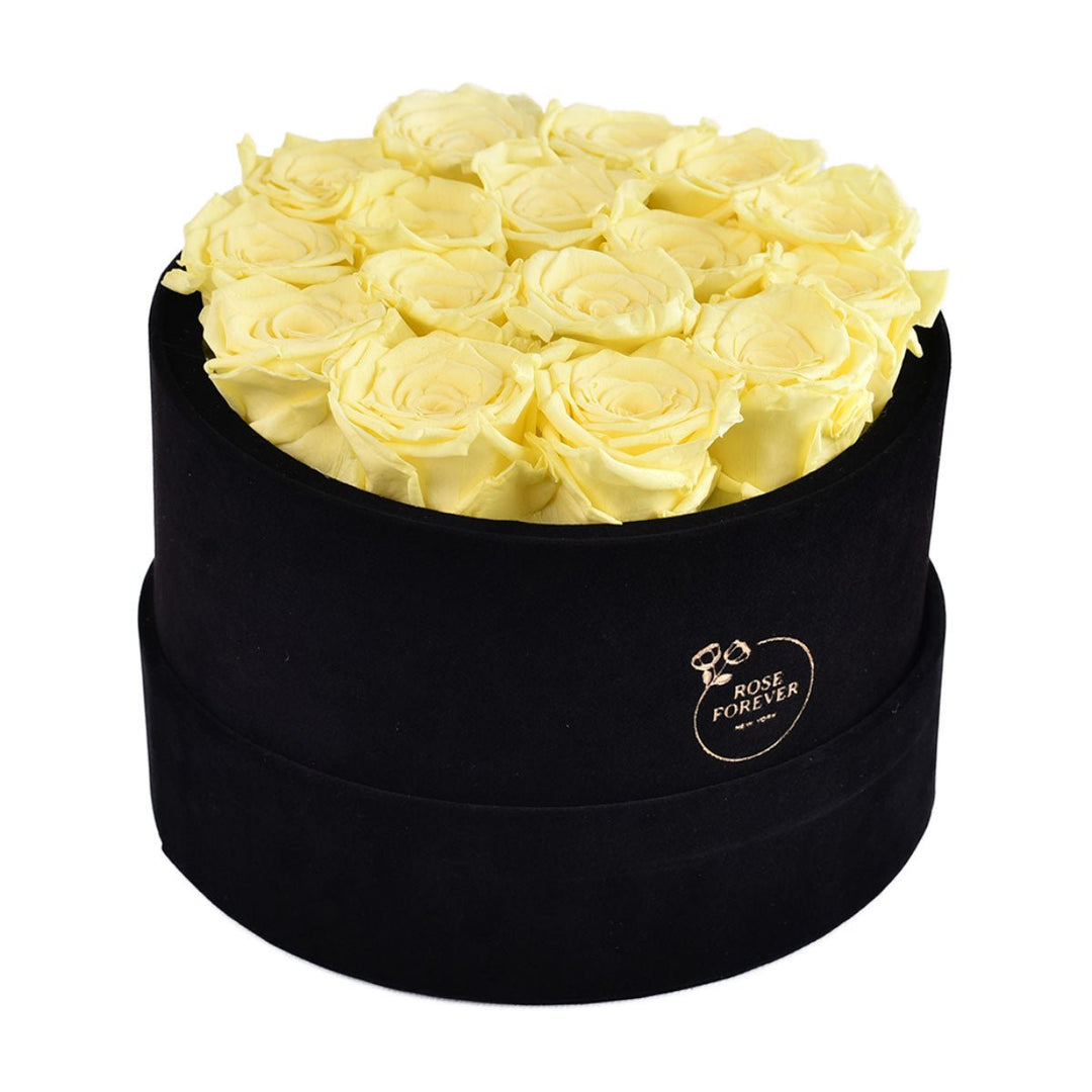 16 Yellow Roses - Black Round Velvet Box - Rose Forever