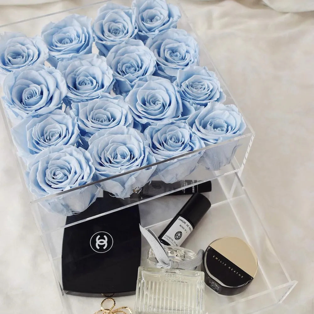 16 Baby Blue Roses - Crystal Square Box