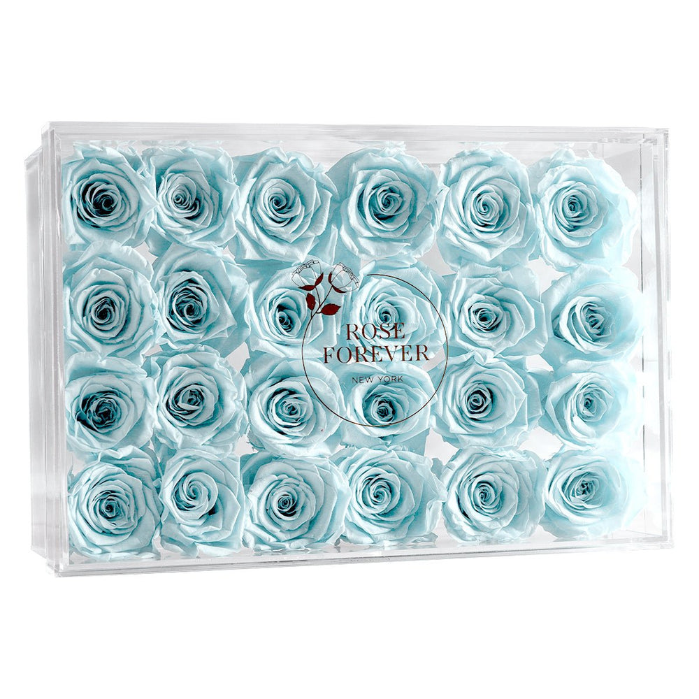 24 Baby Blue Roses - Rectangular Crystal Box - Rose Forever