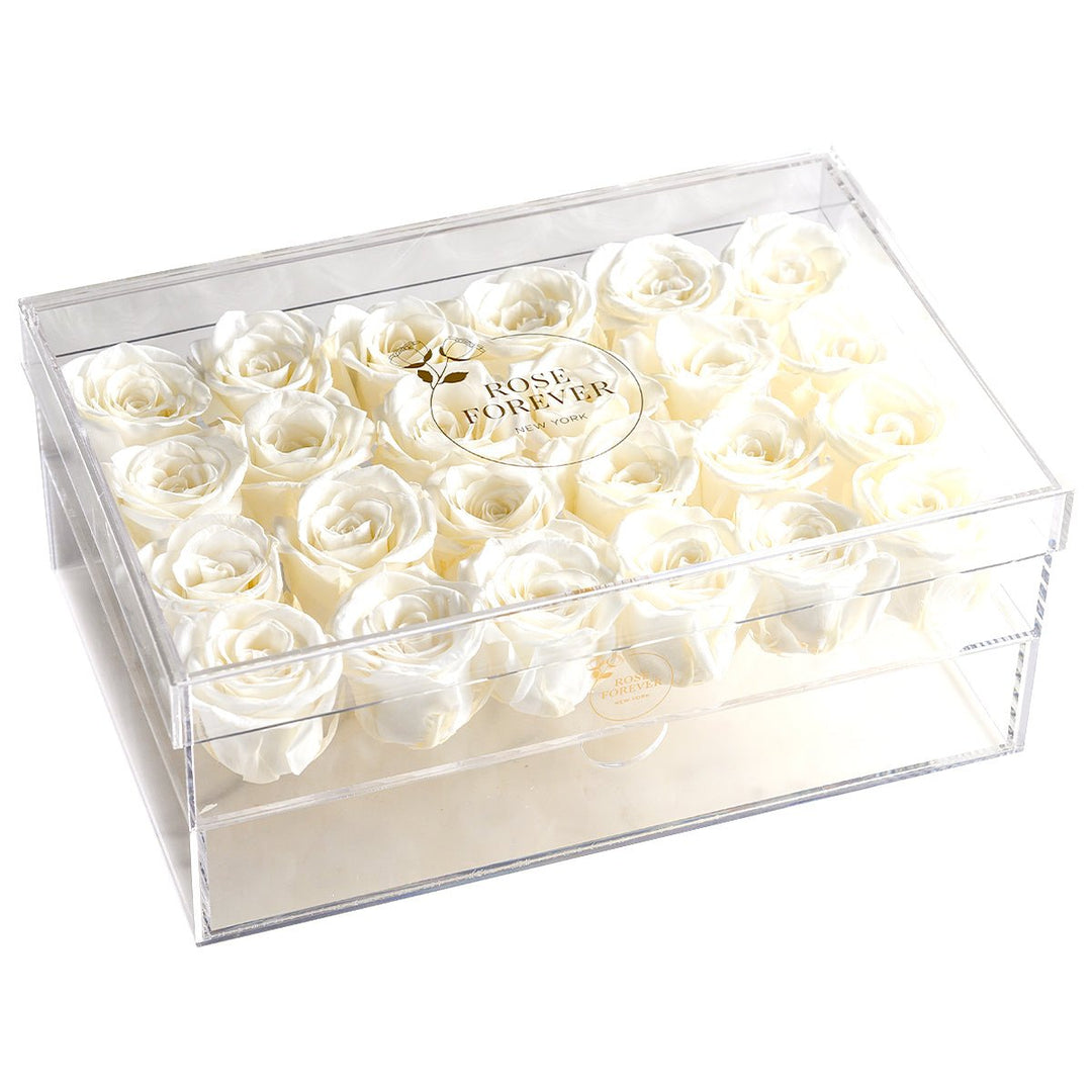 24 Ivory Roses - Rectangular Crystal Box - Rose Forever