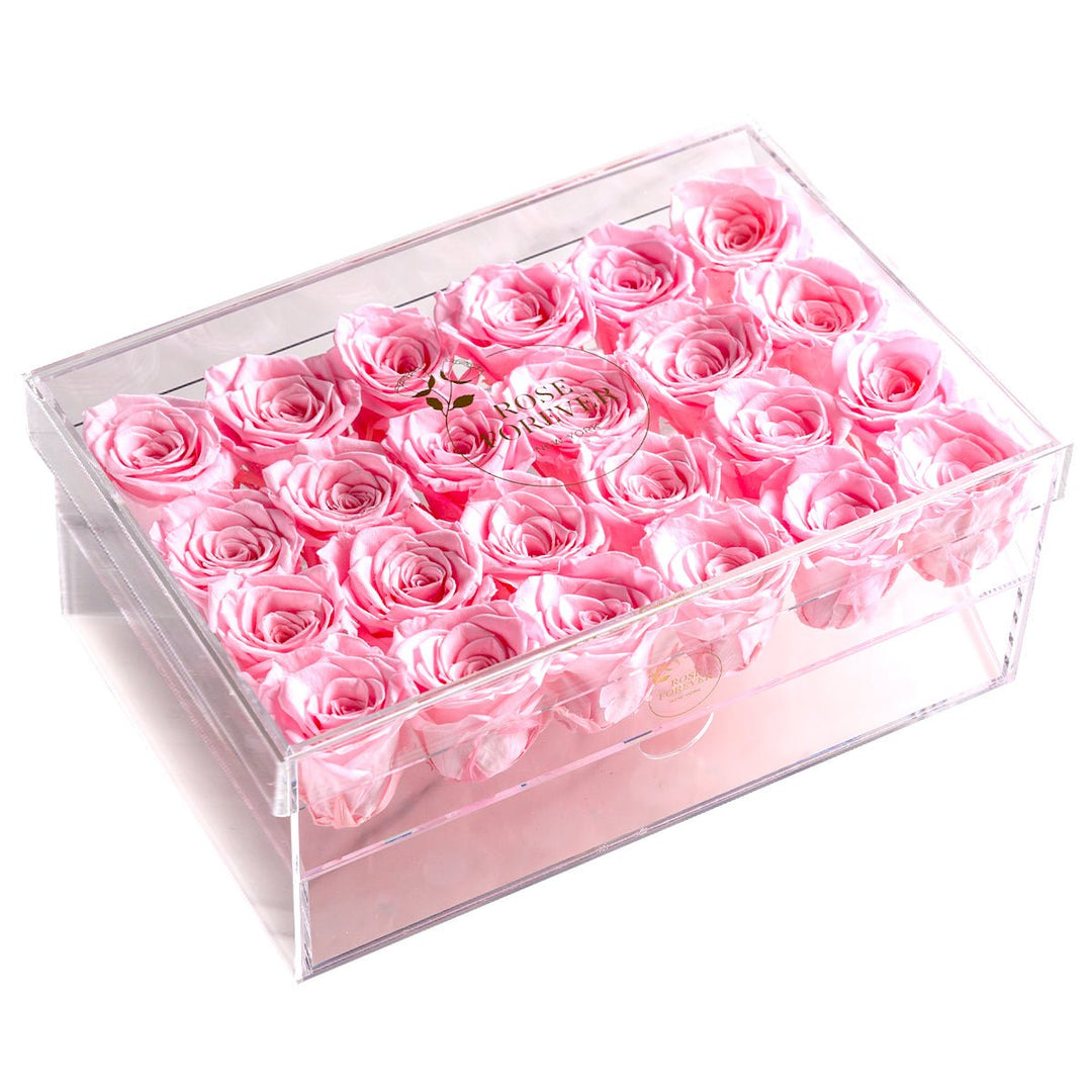 24 Pink Roses - Rectangular Crystal Box - Rose Forever