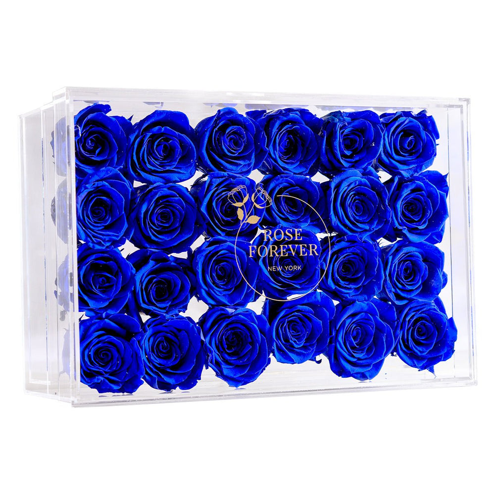 24 Royal Blue Roses - Rectangular Crystal Box - Rose Forever