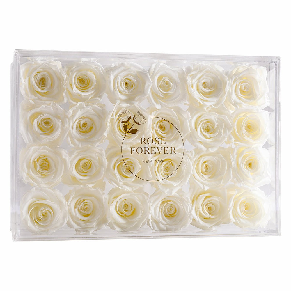 24 White Roses - Rectangular Crystal Box - Rose Forever