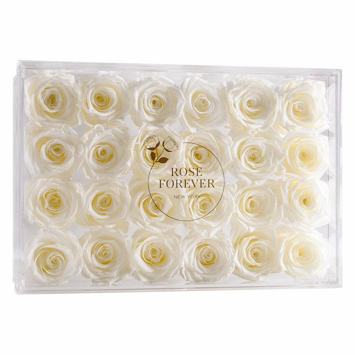 24 White Roses - Rectangular Crystal Box - Rose Forever