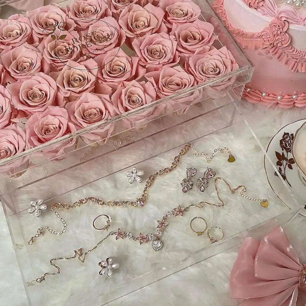 24 Pink Roses - Rectangular Crystal Box