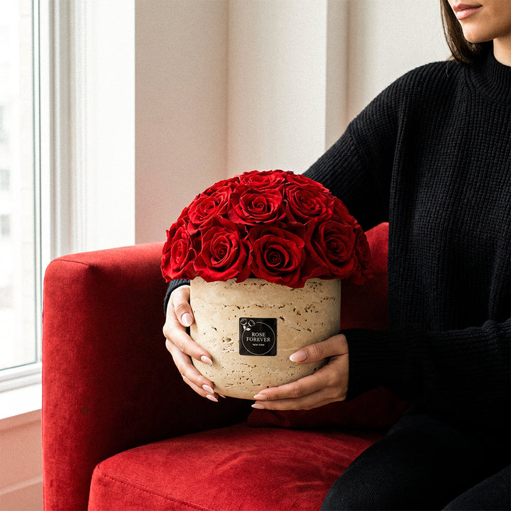 28 Red Roses - Dome Arrangement in a Stone Hat Box