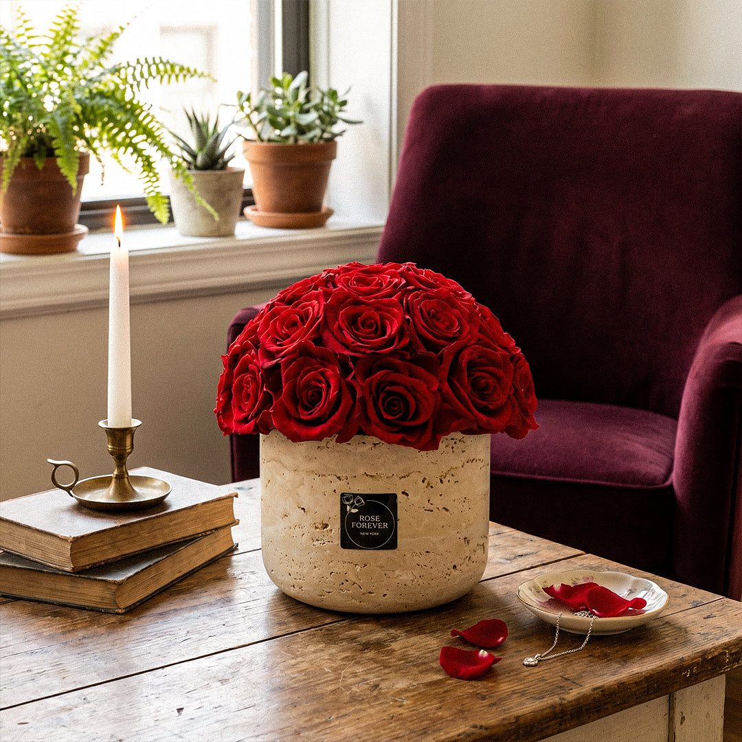 28 Red Roses - Dome Arrangement in a Stone Hat Box