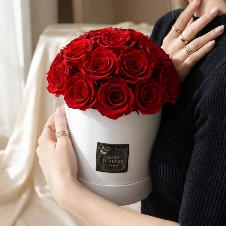 40 Red Roses - Dome Arrangement in White Hat Box