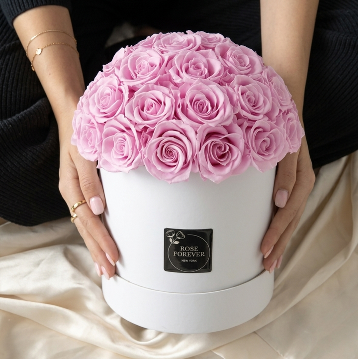40 Pink Roses - Dome Arrangement in White Hat Box