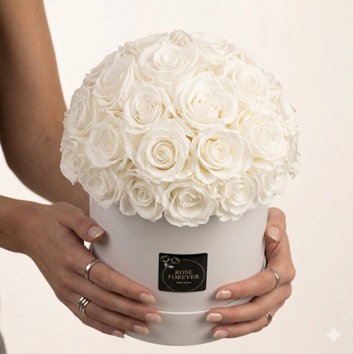 40 White Roses - Dome Arrangement in White Hat Box