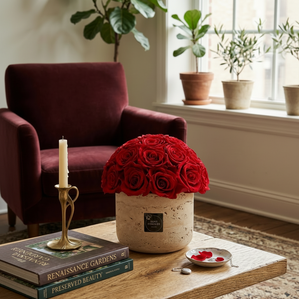 28 Red Roses - Dome Arrangement in a Stone Hat Box