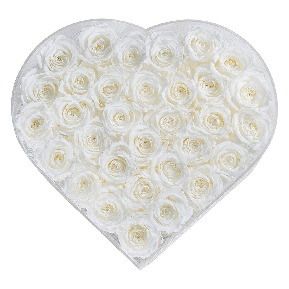 35 White Roses - Crystal Heart Box - Rose Forever