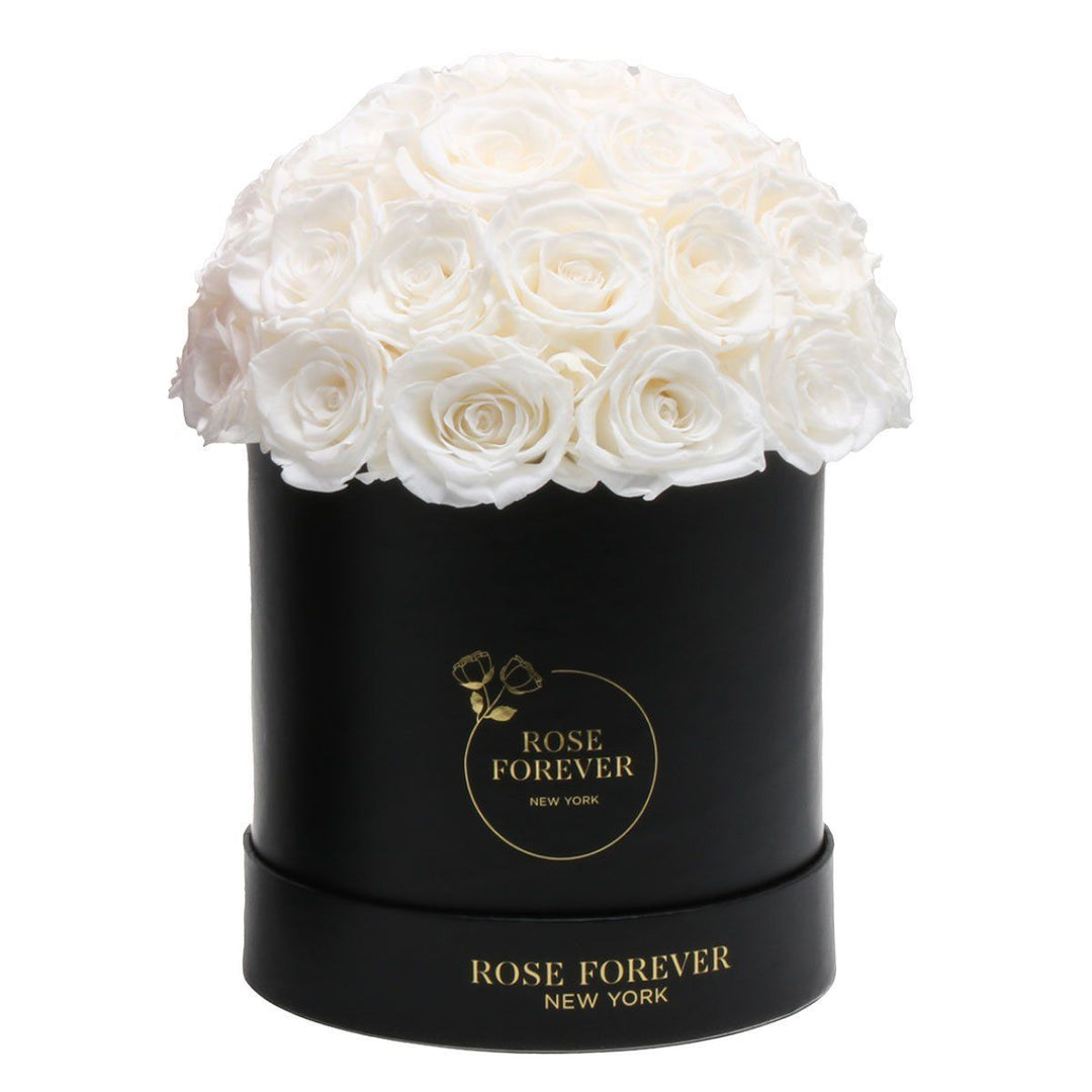 35 White Roses - Dome Arrangement in a Black Hat Box - Rose Forever