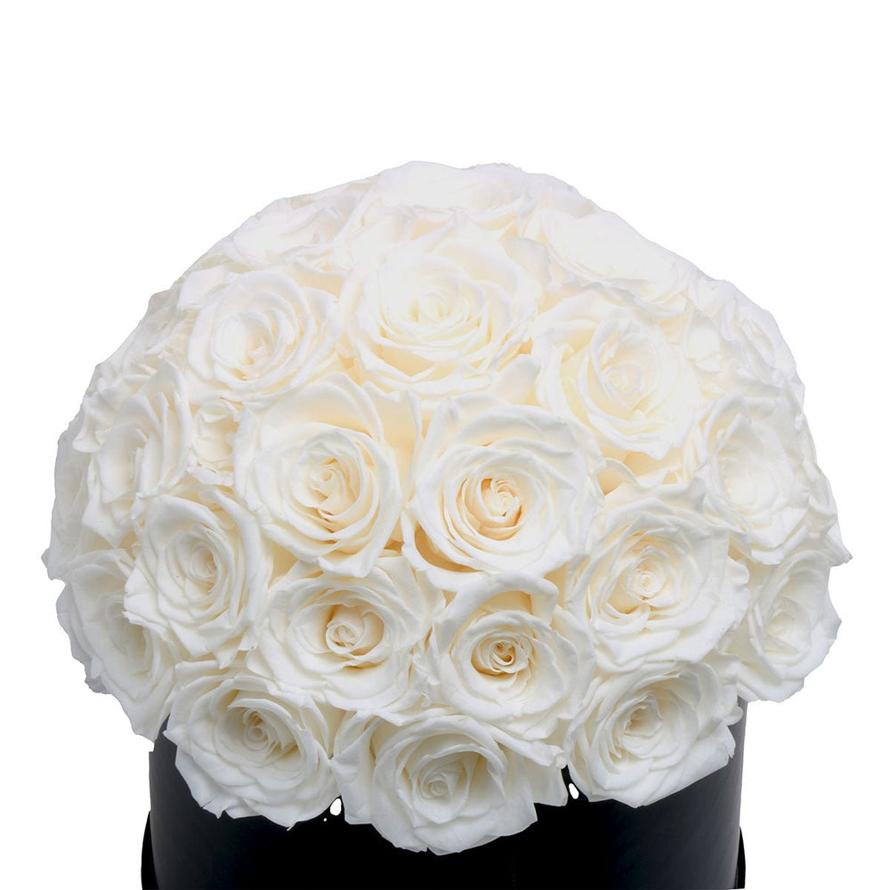 35 White Roses - Dome Arrangement in a Black Hat Box - Rose Forever
