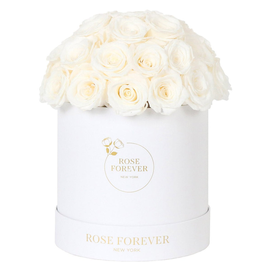 35 White Roses - Dome Arrangement in a White Hat Box - Rose Forever