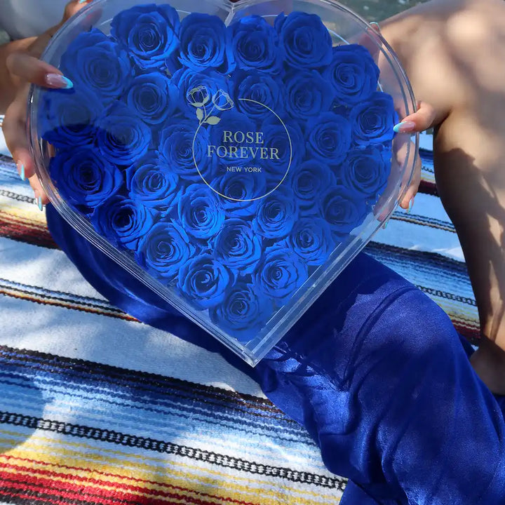 35 Royal Blue Roses - Crystal Heart Box