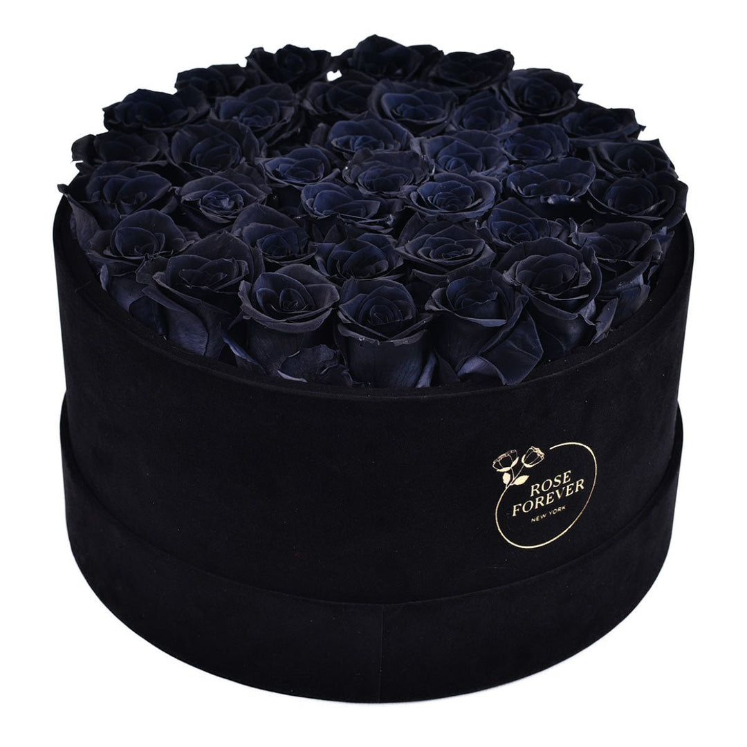 36 Black Roses - Black Round Velvet Box - Rose Forever