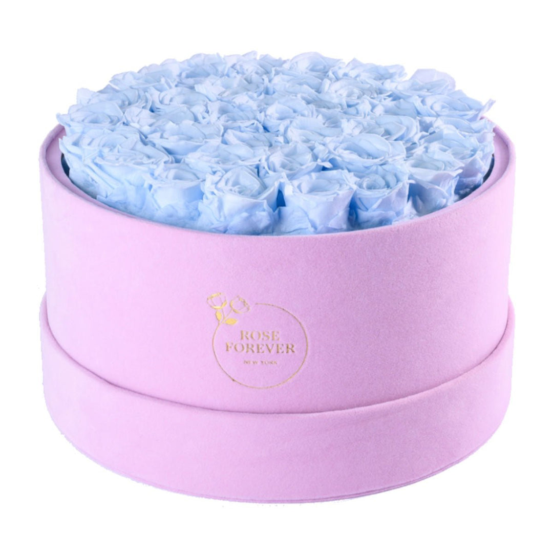 36 Blue Roses - Pink Round Suede Box - Rose Forever