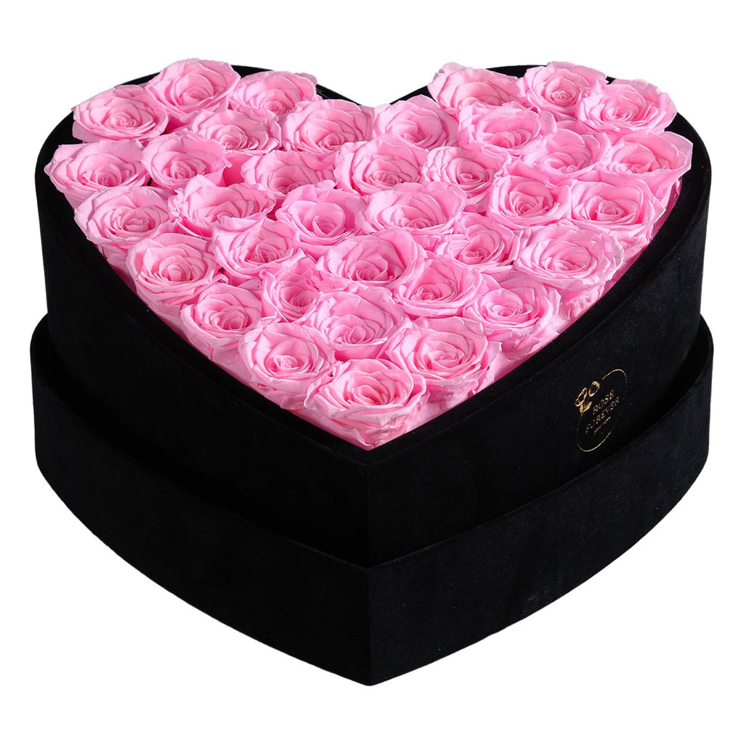 36 Fuchsia Roses - Black Heart Box - Rose Forever
