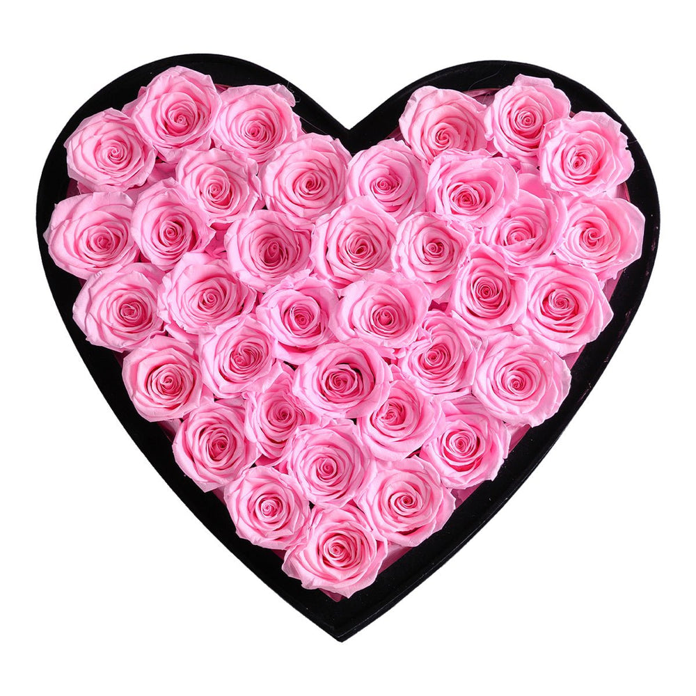 36 Fuchsia Roses - Black Heart Box - Rose Forever