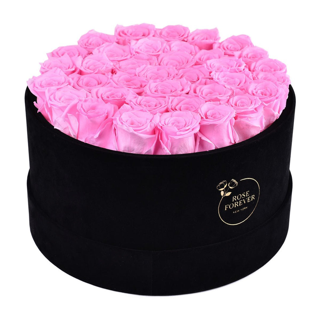 36 Fuchsia Roses - Black Round Velvet Box - Rose Forever