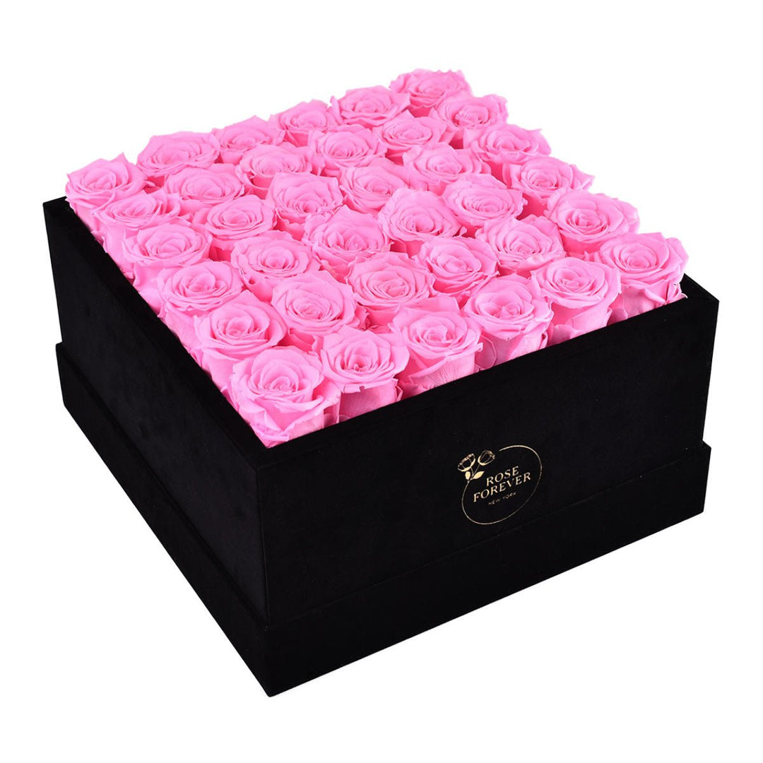 36 Fuchsia Roses - Black Square Velvet Box - Rose Forever