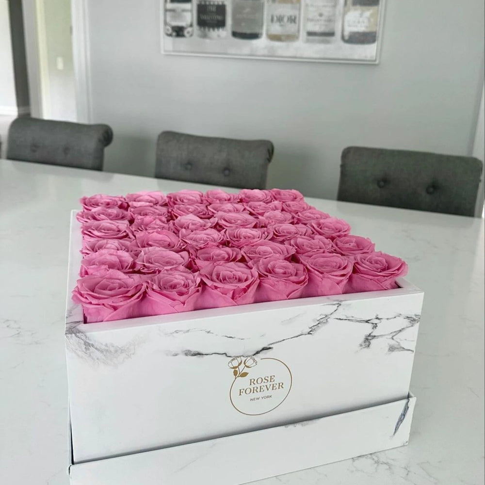 36 Fuchsia Roses - White Marble Square Box - Rose Forever