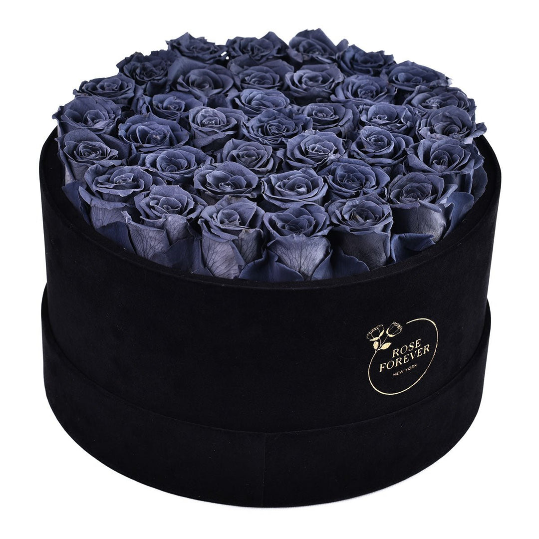 36 Grey Roses - Black Round Velvet Box - Rose Forever